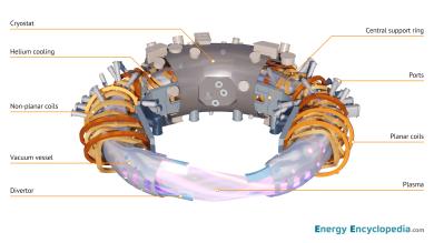 A modular stellarator model depicting the plasma, vacuum chamber, modular coils and cryostat. A modular stellarator model depicting the plasma, vacuum chamber, modular coils and cryostat.