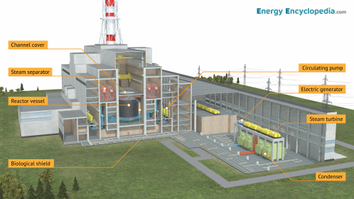 Labelled cutaway diagram of an RBMK nuclear power plant