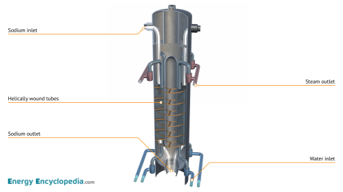 Labelled diagram of a sodium-water steam generator