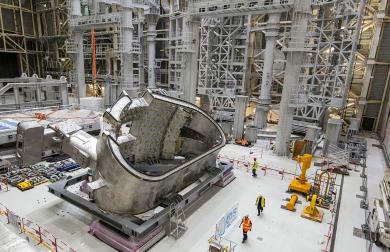 A section of the ITER vacuum vessel during assembly, showing its massive stainless-steel structure and the scale of engineering involved in constructing the tokamak. (Credit © ITER Organization, www.iter.org) A section of the ITER vacuum vessel during assembly, showing its massive stainless-steel structure and the scale of engineering involved in constructing the tokamak. (Credit © ITER Organization, www.iter.org)